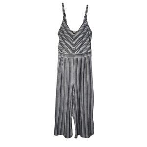 Eyeshadow Stripe Sleeveless Crop Jumpsuit V-Neck Wide Leg Black White Size Small